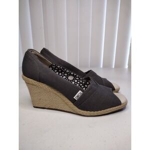 TOMS Women's Gray Canvas Peep Toe Wedge‎ Espadrille Shoes 8.5